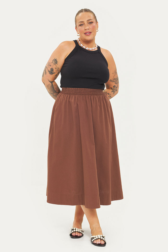 Saia Midi Algodão Carolina Marrom