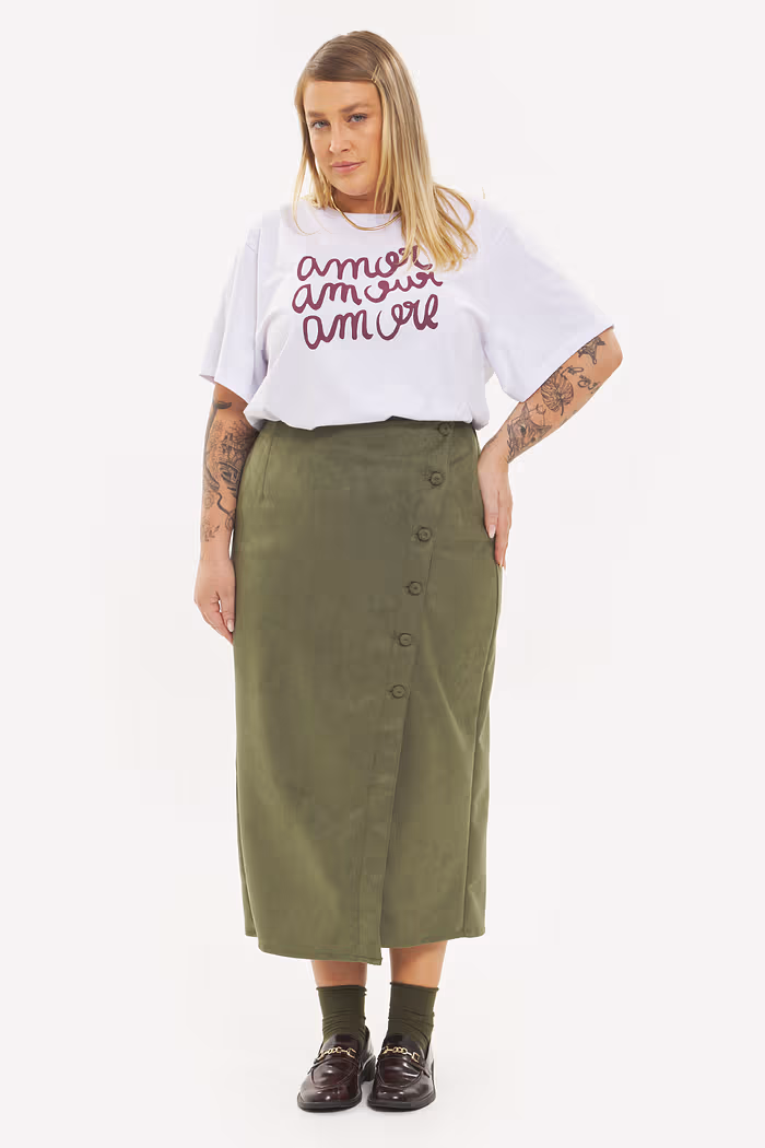 Saia Midi Suede Natasha Verde Oliva