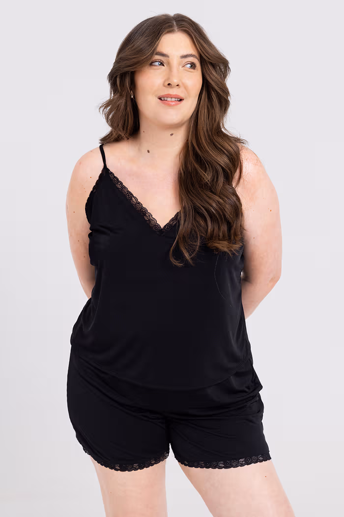 Conjunto Pijama Short Doll Com Renda Gabi Preto
