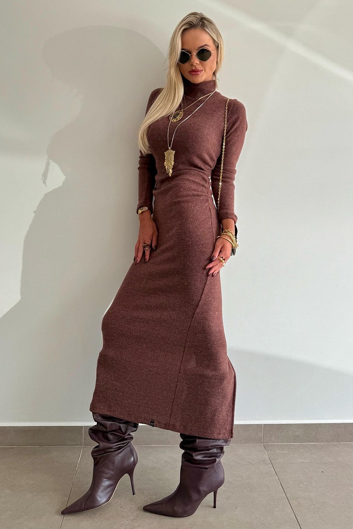 Vestido Midi Tricot Drapeado Chocolate