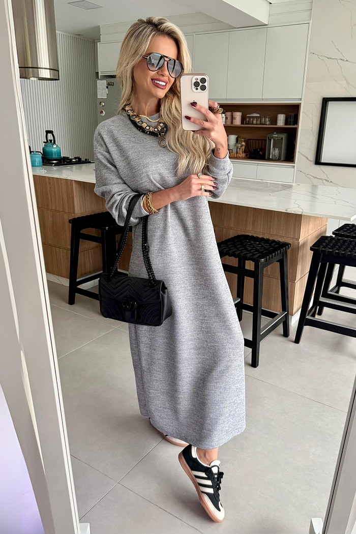 Vestido Super Midi Tricot Cinza Mescla