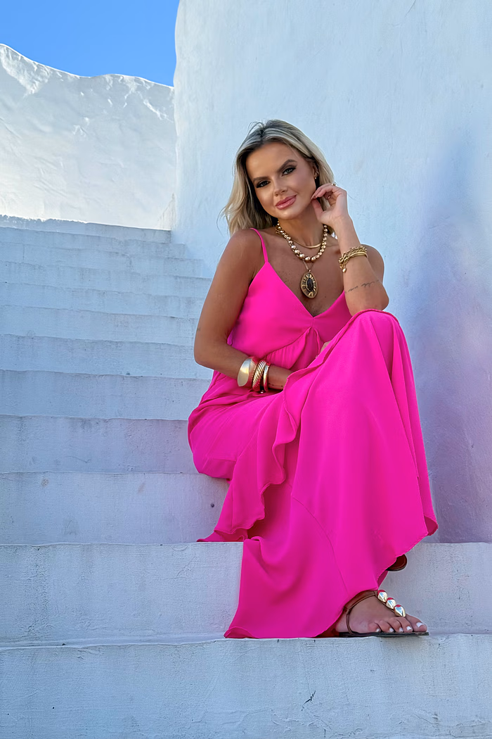 Vestido Longo Babados Mykonos Pink