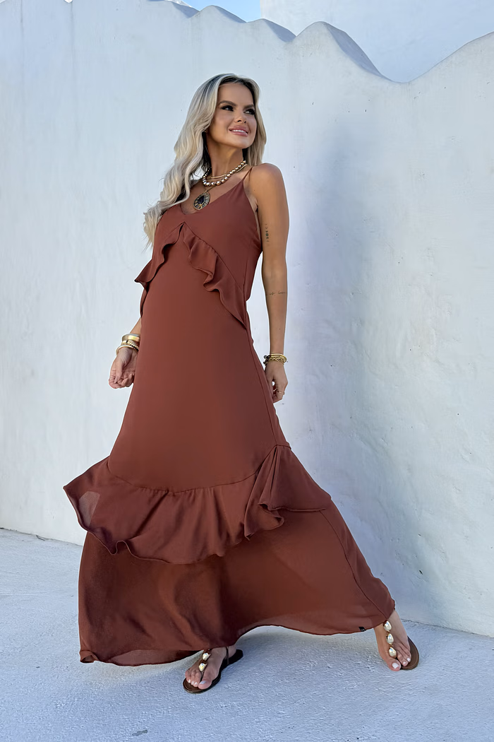 Vestido Longo Babados Mykonos Marrom