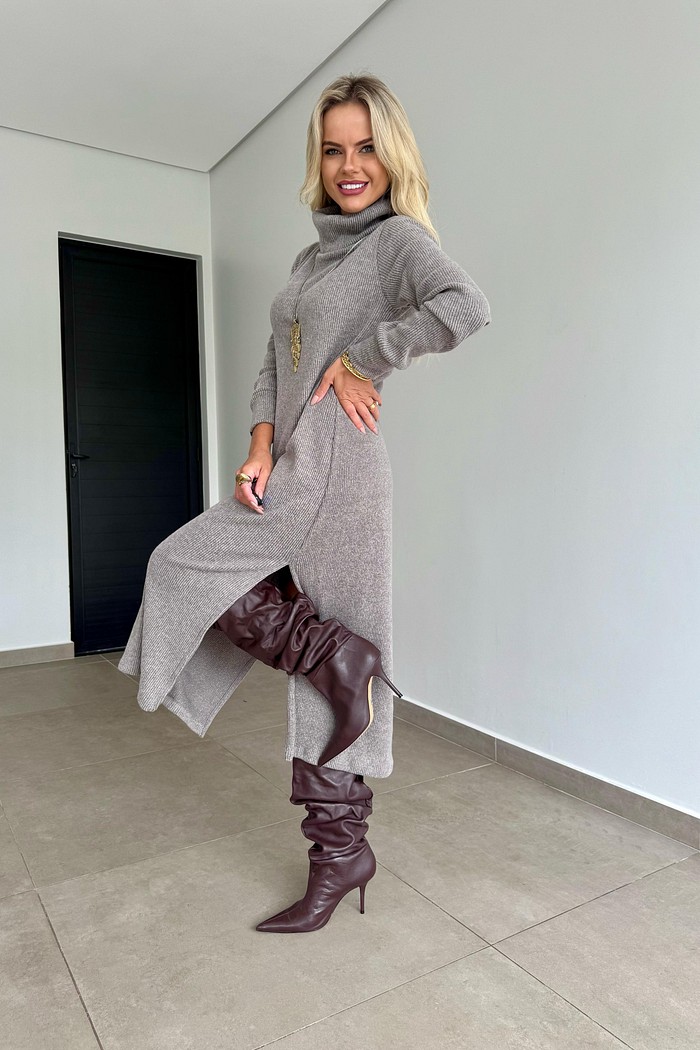 Vestido Midi Tricot Cinza Mescla
