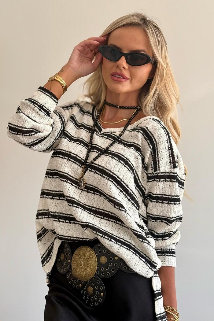 Blusa Ampla Tricot Listras Preta