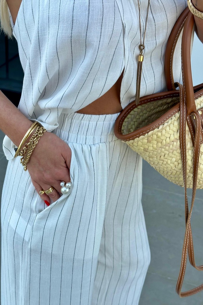 Calça Linho Risca de Giz Off White