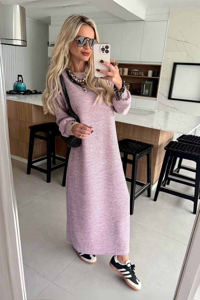 Vestido Super Midi Tricot Rosa Claro