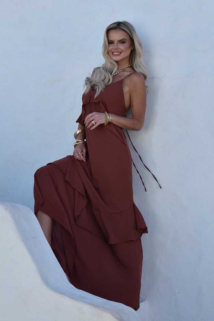 Vestido Longo Babados Mykonos Marrom