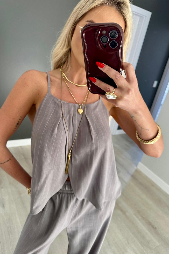 Blusa Linho Risca de Giz Cinza