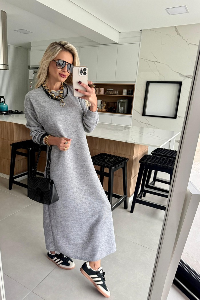 Vestido Super Midi Tricot Cinza Mescla