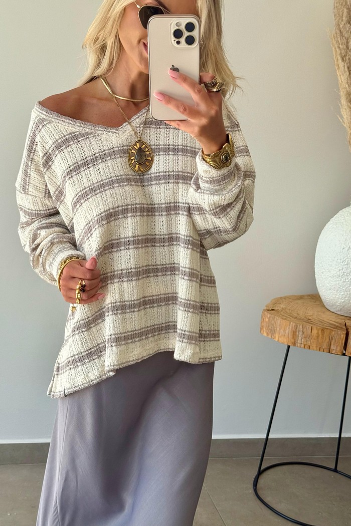 Blusa Ampla Tricot Listras Cinza