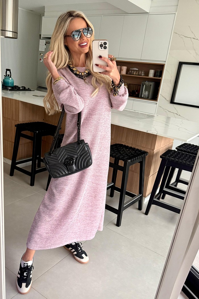 Vestido Super Midi Tricot Rosa Claro