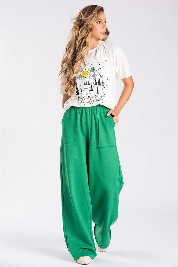 Calça Wide Leg Moletom Peluciada Verde Bandeira