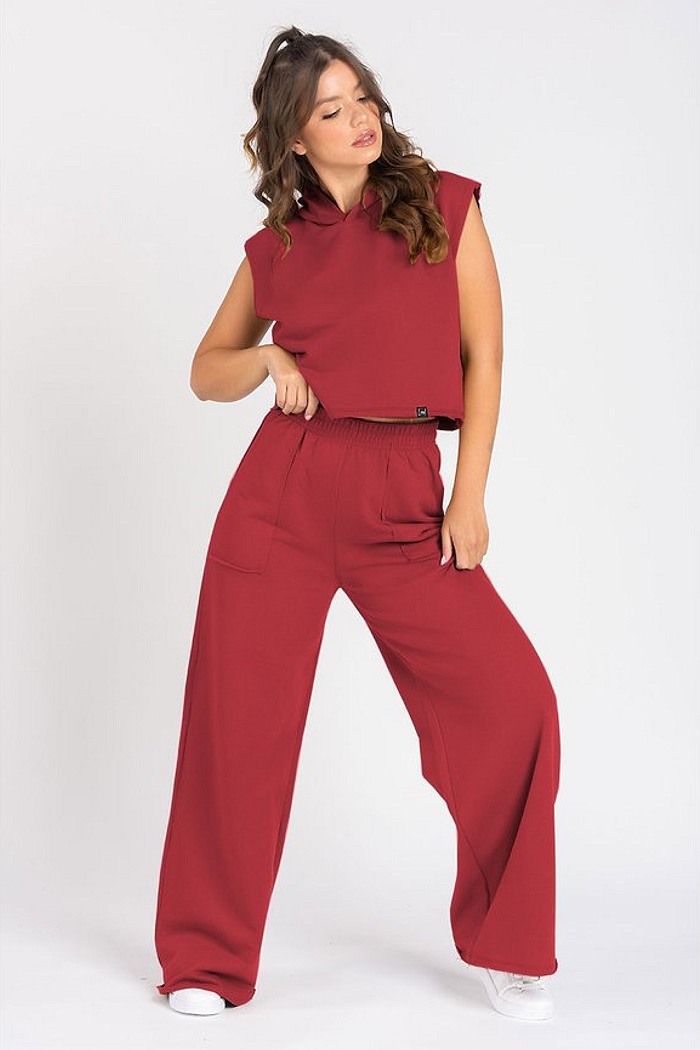 Calça Wide Leg Moletom Peluciada Bordo