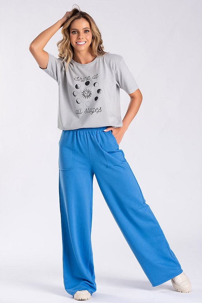 Calça Wide Leg Moletom Azul Denim