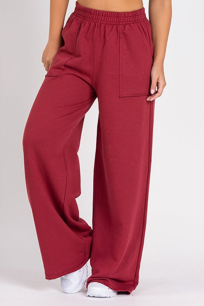 Calça Wide Leg Moletom Peluciada Bordo