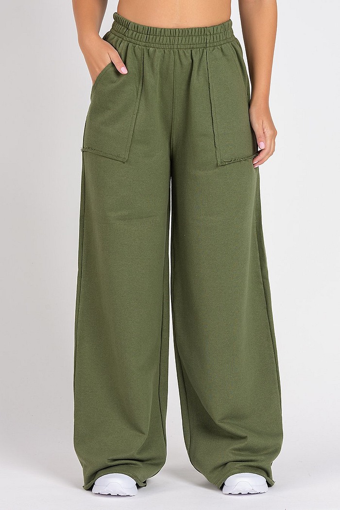 Calça Wide Leg Moletom Verde Militar