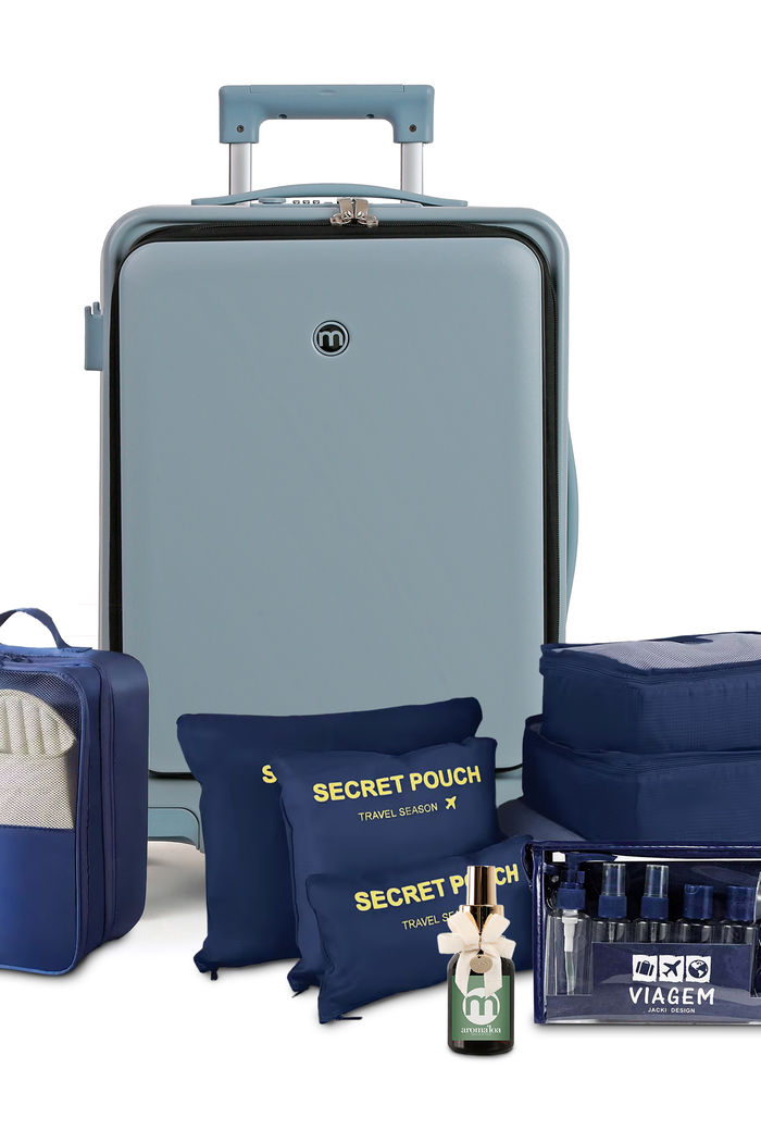 Kit de Mala Pequena de Bordo 10 kg Bélgica Azul, Kit Frascos 10 Pecas, Organizador Sapato, Organizador Laundry Pouch e Home Spray Aroma`loa