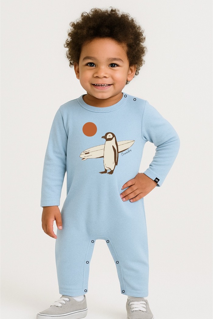 Macacão Longo Infantil Manga Longa Azul Claro Pinguim Surf