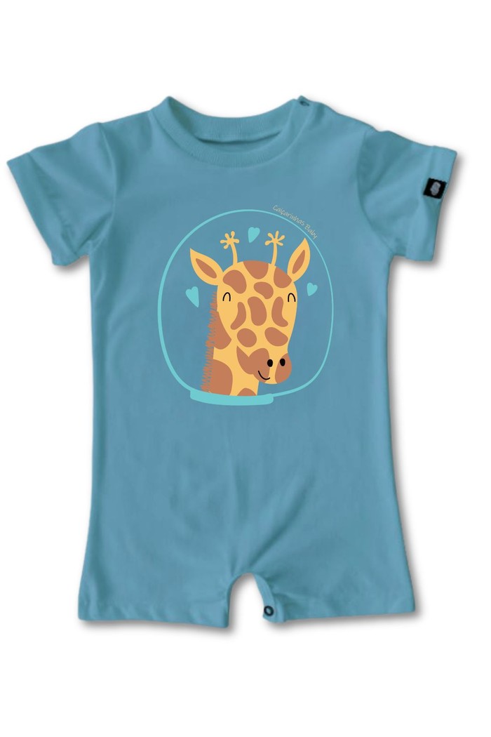 Macacão Bebê Curto Manga Curta Azul Girafa