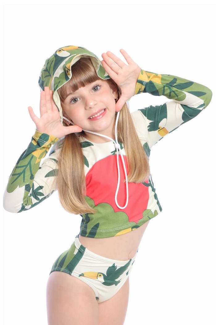 Cropped Manga Longa e Calcinha Alta Proteção UV50+ Off White Selva