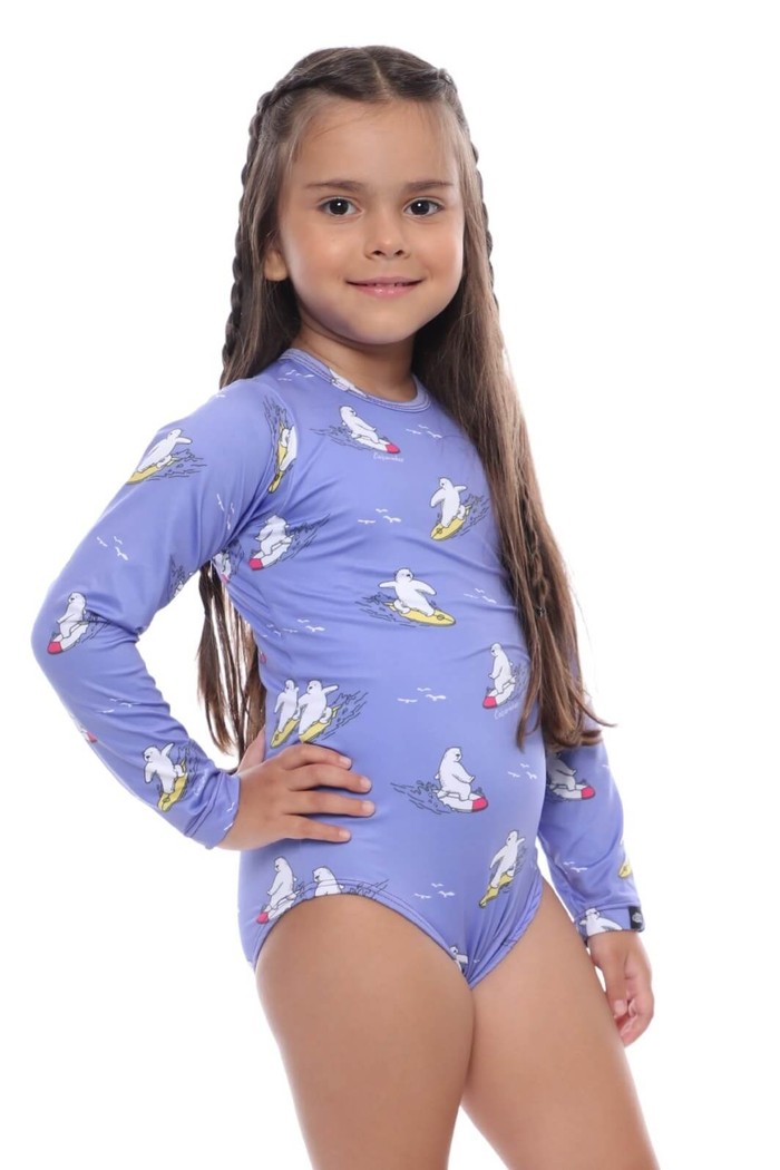 Maiô Infantil Proteção Solar UV 50+ Manga Longa e Zíper nas Costas Roxo Urso Surfista