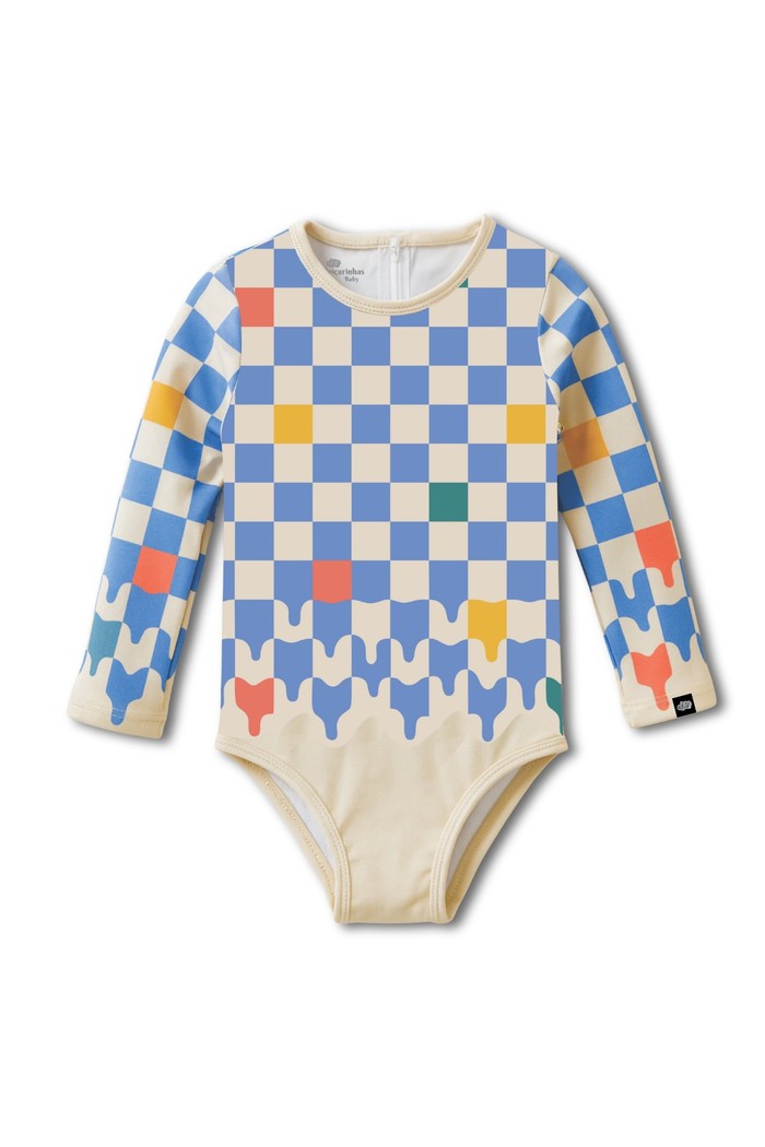 Maiô Manga Longa Proteção UV50+ Confortável Off White com Azul Quadriculado