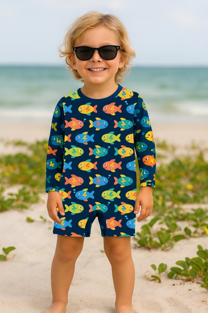 Macacão Praia Bebê Proteção Solar UV 50+ Manga Longa Azul Peixinhos