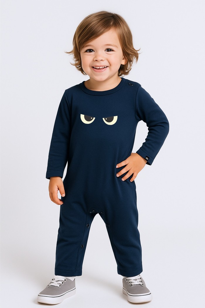 Macacão Longo Manga Longa Azul Marinho Tô de Olho Cotton Confortável