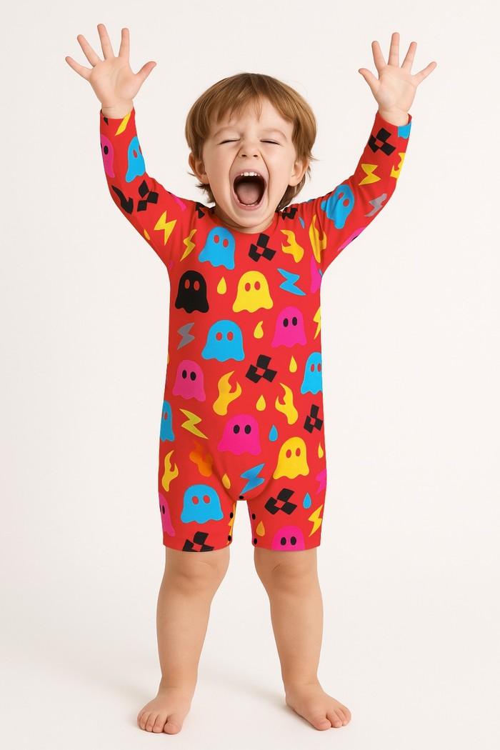 Macacão Praia Bebê Proteção Solar UV 50+ Manga Longa Vermelho Fantasminhas