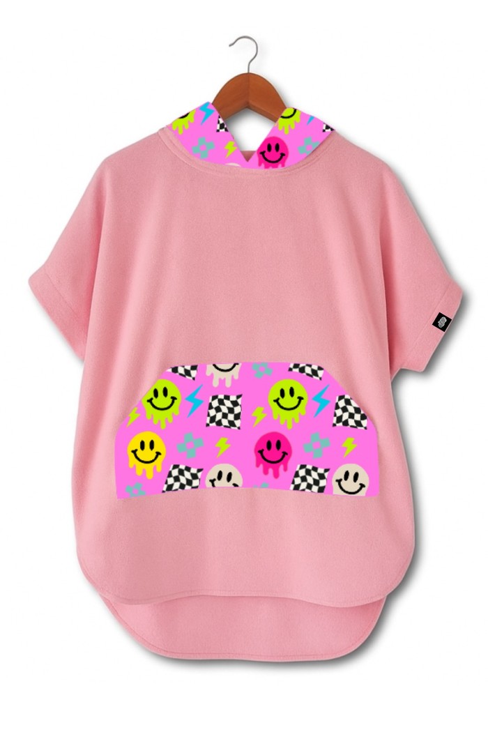 Roupão Poncho Infantil Com Capuz 100% Algodão Atoalhado Super Secagem Proteção UV50+ Rosa Smiles