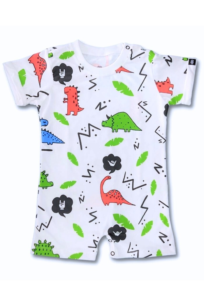 Macacão Bebê Curto Algodão Sustentável Branco Dinossauros Confortável