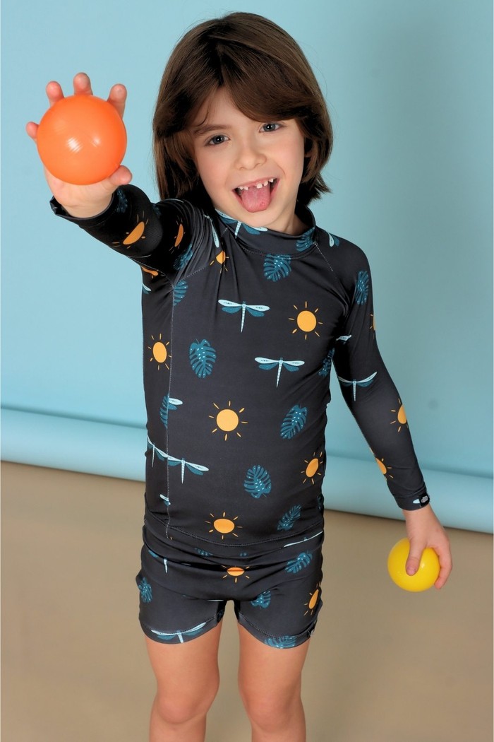 Camisa + Sunga Proteção UV50+ Confortável Preto Libélulas