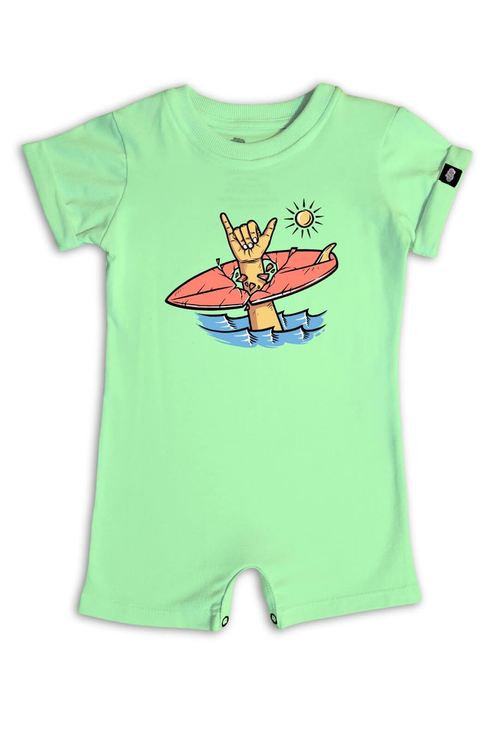 Macacão Bebê Curto Algodão Sustentável Verde Surf Yeah