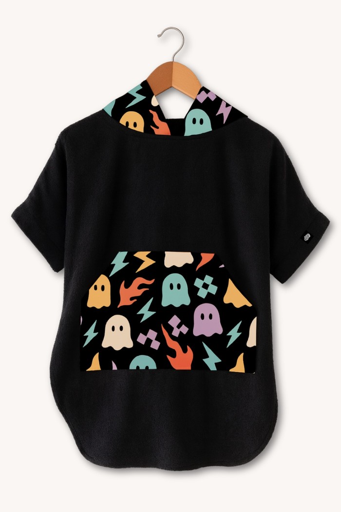 Roupão Poncho Infantil Com Capuz 100% Algodão Atoalhado Super Secagem Proteção UV50+ Preto Fantasminha