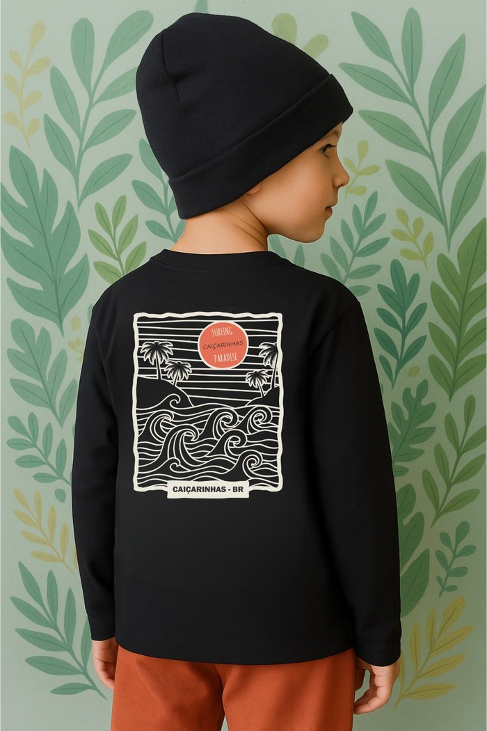 Camiseta Infantil ML Preto Surf Paradise