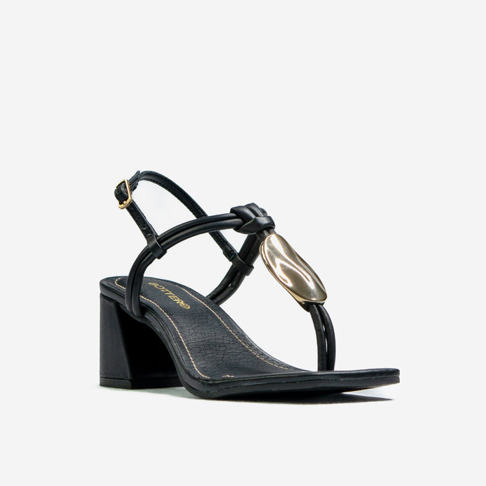 Sandália Bottero Couro Bico Quadrado Tira Detalhe Metal Salto Baixo Grosso Preto