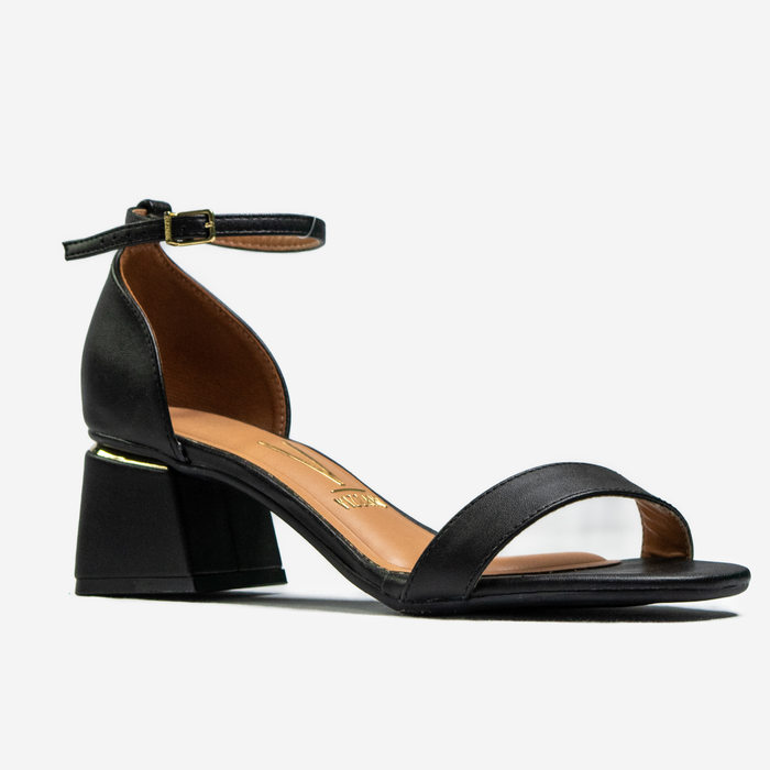 Sandália Vizzano Cabedal Tira Fina Calcanhar Fechado Salto Baixo Quadrado Detalhe Dourado Preto