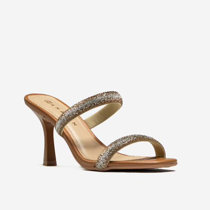 Tamanco Ramarim Bico Quadrado Tiras Strass Salto Baixo Fino Caramelo