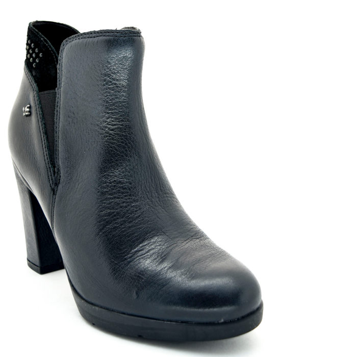 Bota Ankle Boot Cravo & Canela Salto Grosso Detalhe Camurça Couro Preta