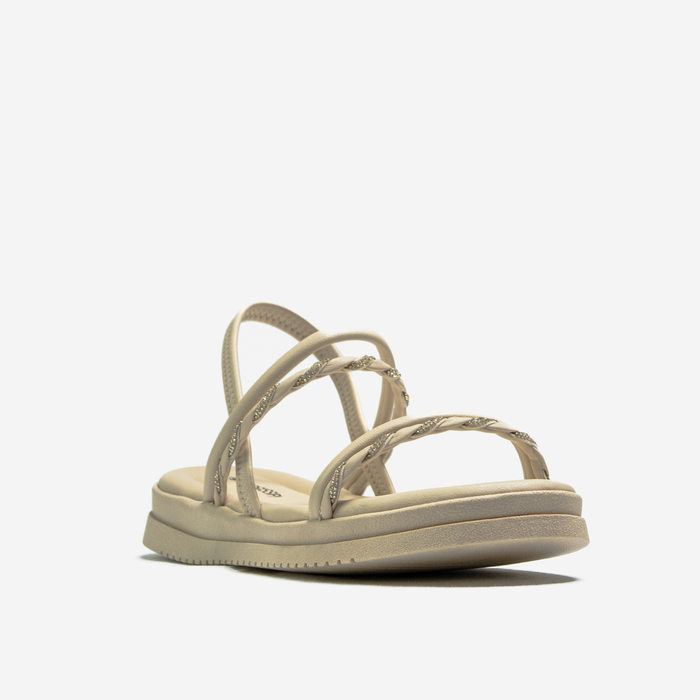 Sandália Papete Mississipi Cabedal Tiras Aplicação Strass Posterior Elástico Bege