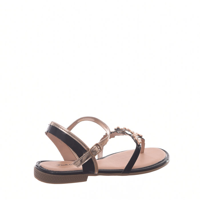 Sandália Rasteira Pink Cats Detalhe Pedraria Verniz Preto e Dourado