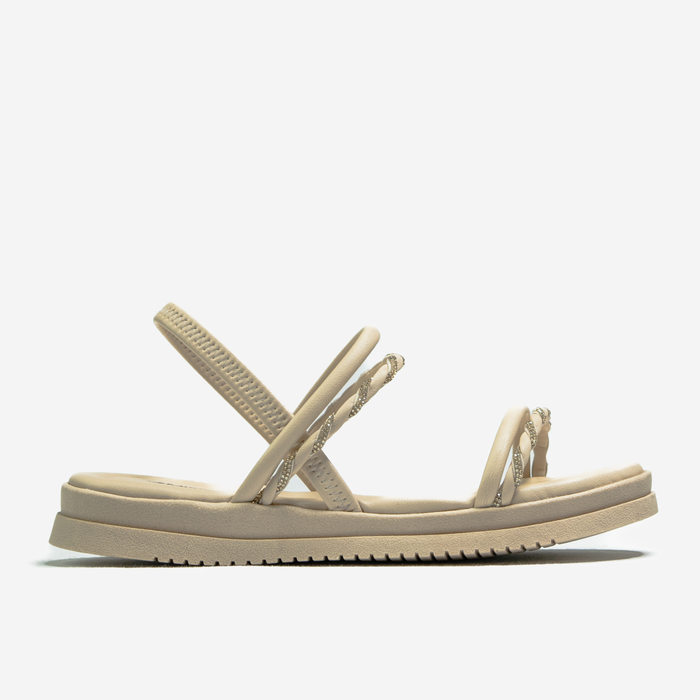 Sandália Papete Mississipi Cabedal Tiras Aplicação Strass Posterior Elástico Bege