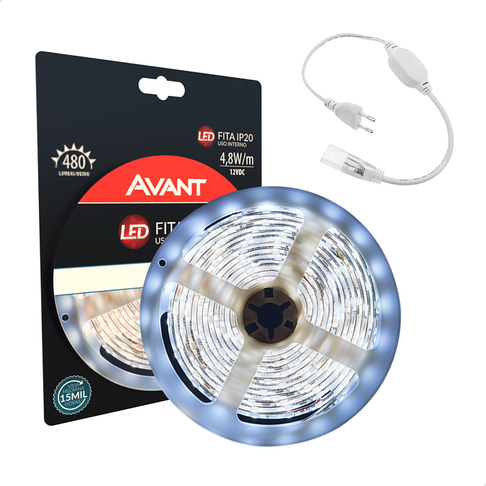 FITA LED INT IP20 4,8W/M 5M 12V COM FONTE - AVANT