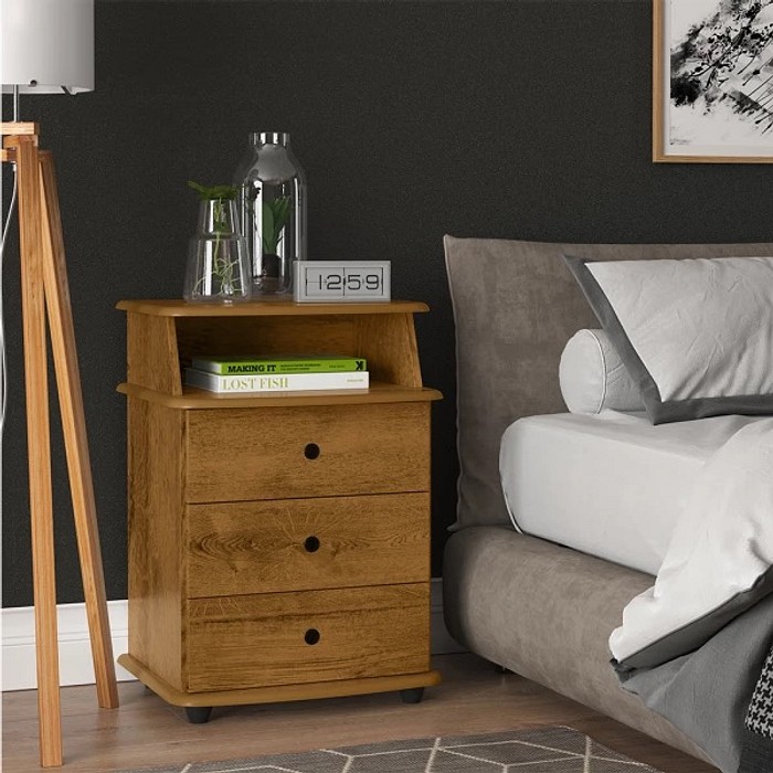 Mesa de Cabeceira 3 Gavetas Luxo New Freijó – EJ Móveis