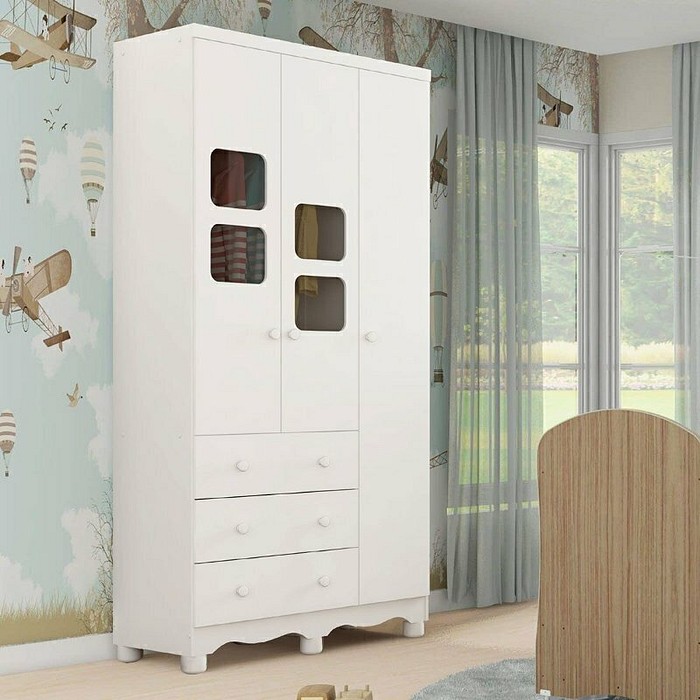 Guarda-Roupa Infantil em MDF 3 Portas Moveis Peroba Uli Branco