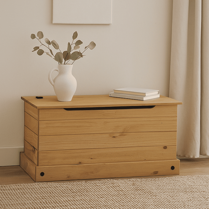 Baú de Armazenamento em Madeira Maciça de Pinus com Tampa Articulada e Trava de Segurança