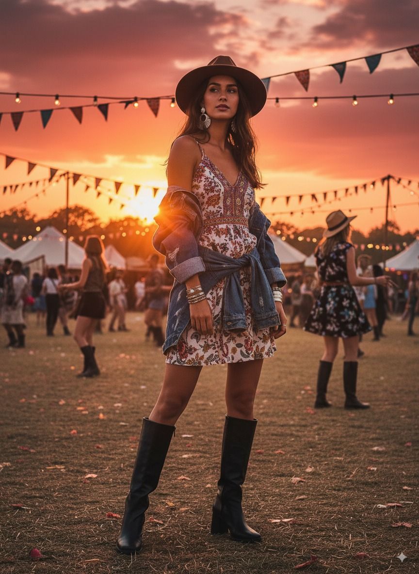 Vestido floral com jaqueta jeans na cintura e bota em pôr do sol no festival