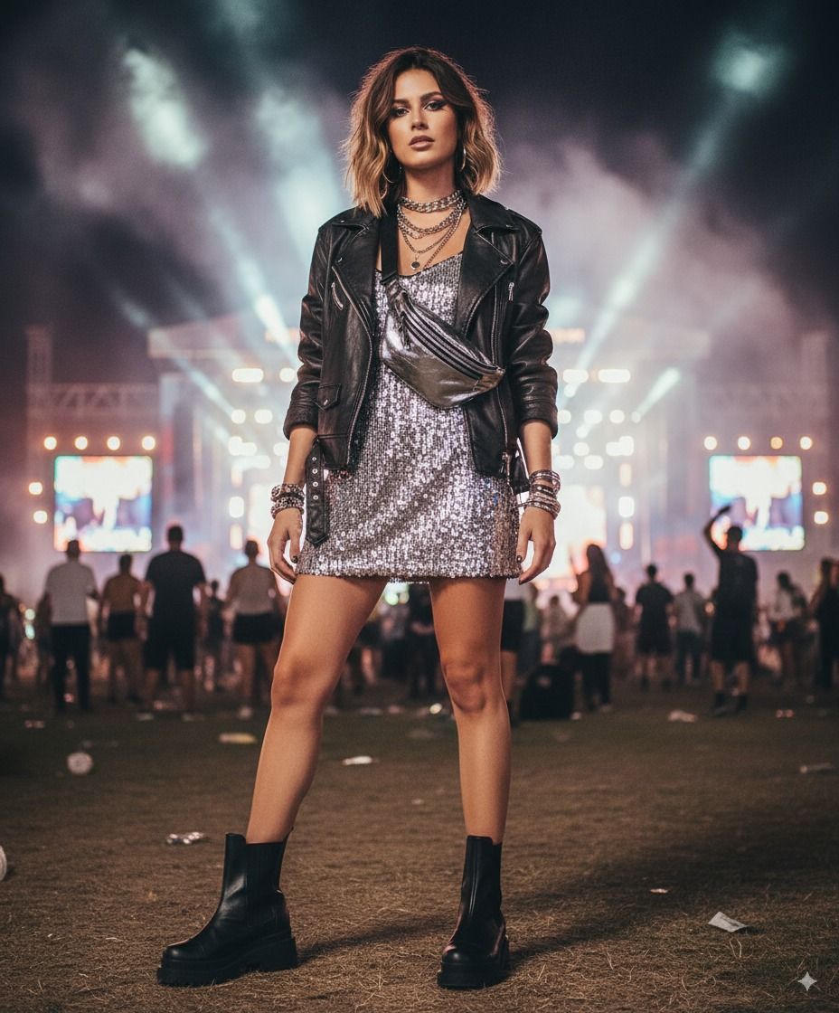 Look glam rock com vestido de paetês e jaqueta de couro em show noturno